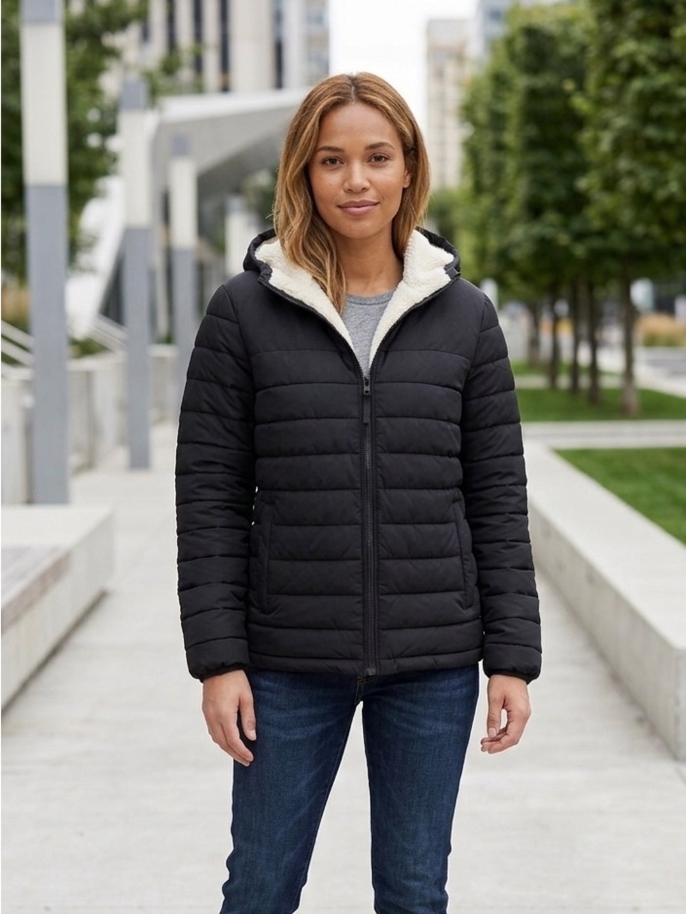 Calvin Klein ||  Faux Sherpa Combo Puffer Jacket Hooded Black Sorona Aura Sz S